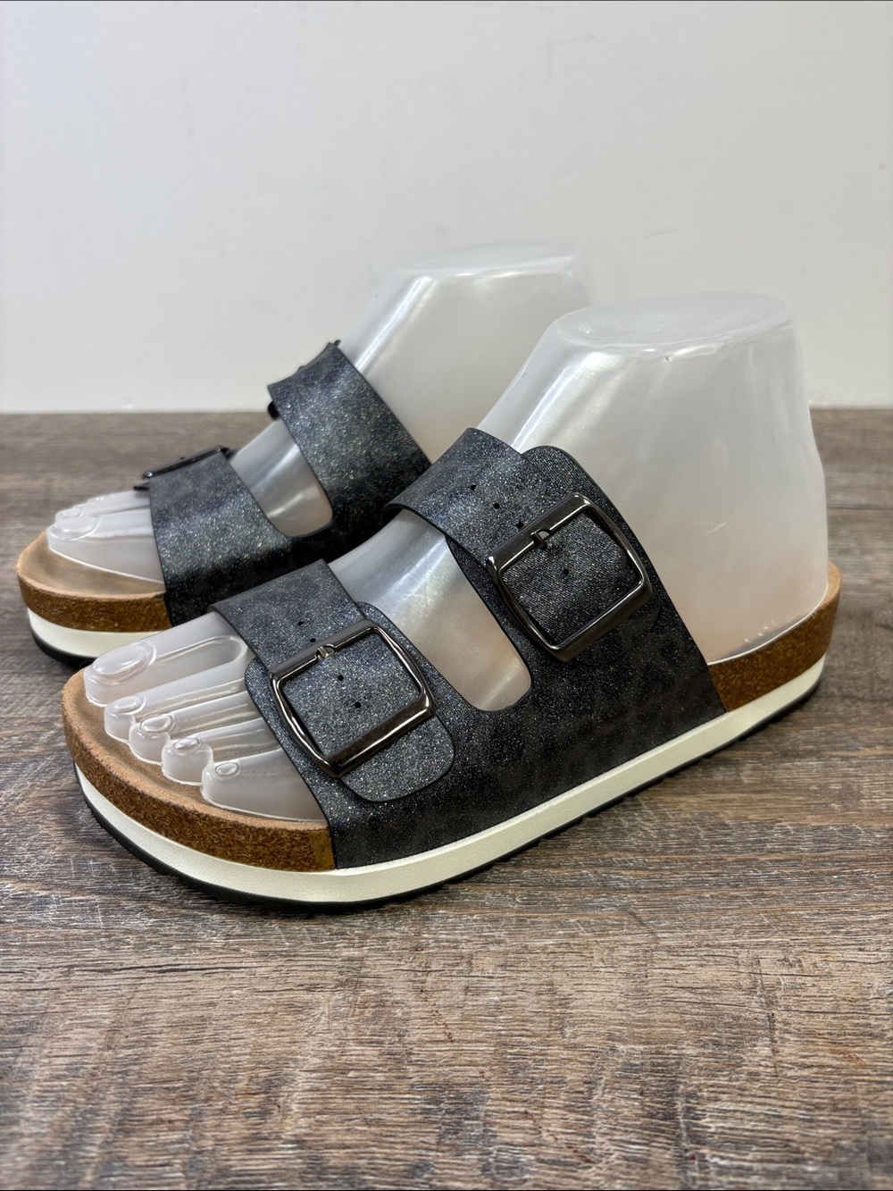 Boutique by Corkys Beach Babe Black Shimmer Double Buckle Slide Sandals Size 7